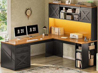 SEDETA 67" L Shaped Desk with Hutch, Farmhouse Executive Office Desks with Drawers & Sliding Doors, L Shaped Gaming Desk with Storage Shelves & Power Outlets, Corner Gaming Desk with LED Lights, Black
