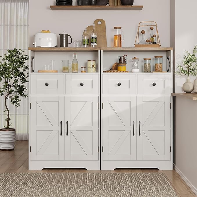 Farmhouse Storage Cabinet with Barn Doors and Shelves, Farmhouse Kitchen Pantry, Small Tall Coffee Bar Cabinet with Storage, Hutch Cupboard for Bathroom, Laundry, Living Room,White