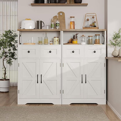 Farmhouse Storage Cabinet with Barn Doors and Shelves, Farmhouse Kitchen Pantry, Small Tall Coffee Bar Cabinet with Storage, Hutch Cupboard for Bathroom, Laundry, Living Room,White