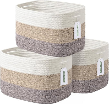 Cotton Rope Storage Basket, 15x10x9 Inches, Woven Basket for Shelves, Clothes, Towels, Books, and Laundry, White Brown (3 Pack)