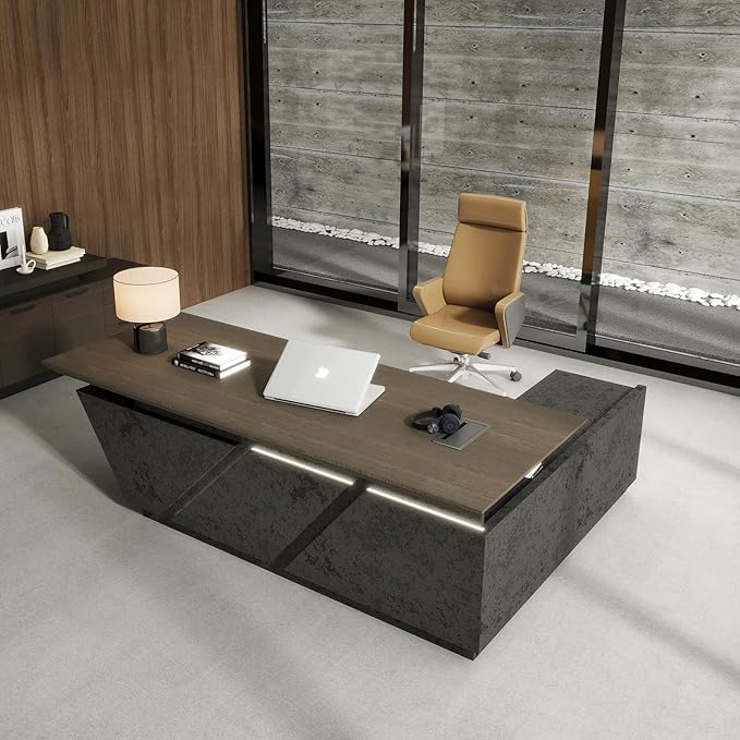 94.5" Adjustable Height L-Shaped Executive Desk with LED Light Strip - Black Inverted Trapezoid Design, Includes Storage Cabinet with Drawers & Doors, Ergonomic Standing Office Desk for Home & Office
