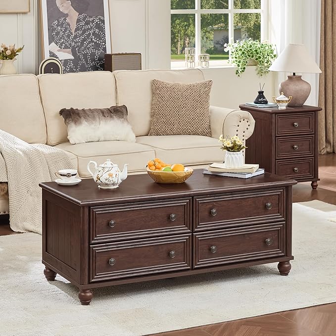 48" Farmhouse Coffee Table with Hidden Storage,Wooden Coffee Tables with 4 Drawers & Roman Column Handle,Rectangular Rustic Center Table with Solid Wood Curved Base for Living Room,Office,Walnut