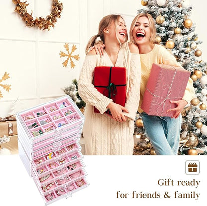 ProCase Earring Holder Organizer Jewelry Box with 10 Drawers, Acrylic Clear Earring Case with Adjustable Velvet Trays for Women - Pink, 10 Layers