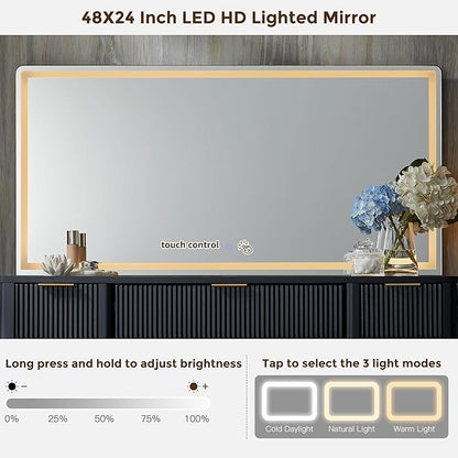 T4TREAM 48" Fluted Makeup Vanity Desk with 48" Large Mirror and HD LED Lights, Modern Vanity Table with 9 Drawers & Charging Station, Glass Top and Golden Handles Dressing Table for Bedroom,Dark Grey