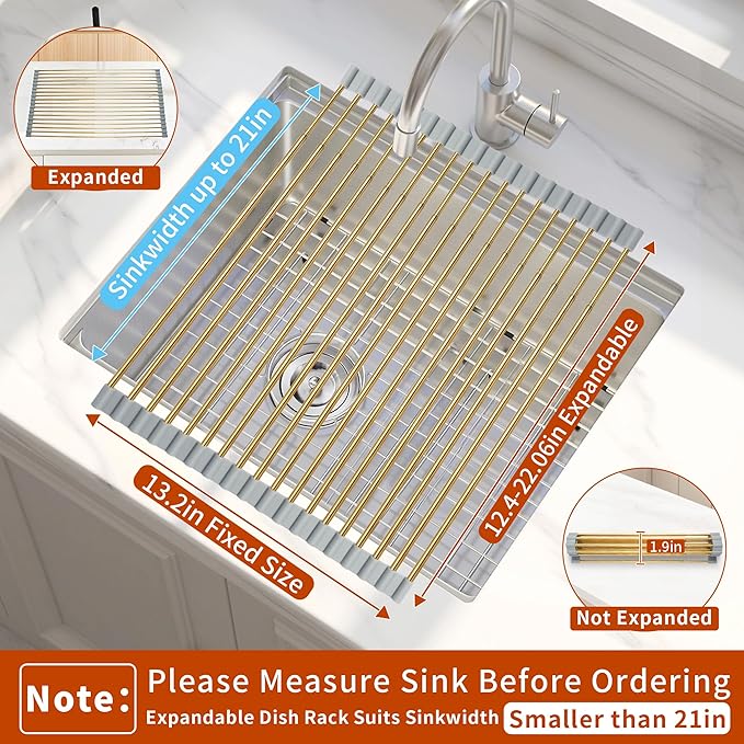 Golden Expandable Roll-UP Dish Drying Rack-Extra Large 304 Stainless Steel Dish Drainer Over The Sink for Kitchen Countertop,Extendable for Most Kitchen Sinks (Gold,22.08'x 13.2')