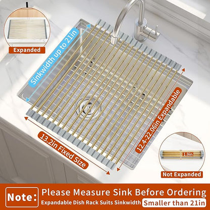Golden Expandable Roll-UP Dish Drying Rack-Extra Large 304 Stainless Steel Dish Drainer Over The Sink for Kitchen Countertop,Extendable for Most Kitchen Sinks (Gold,22.08'x 13.2')