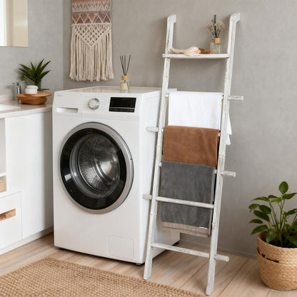 Wash White Wood Blanket Ladder with Top Shelf for the Living Room, 67in Decorative Blanket Holder, 5 Tier with Side Hooks for Hanging, Rustic Farmhouse Towel Throw Ladder Rack for Organize and Display