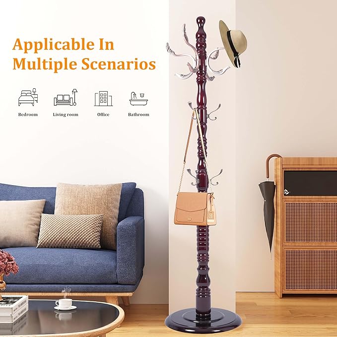 Wooden Coat Tree Freestanding with Metal Hooks, Coat Hanger Stand Clothing Tree with Adjustable Height 47’’-72.8’’, Modern Freestanding Coat Rack for Entrance, Office, Living Room, Bedroom, Corridor