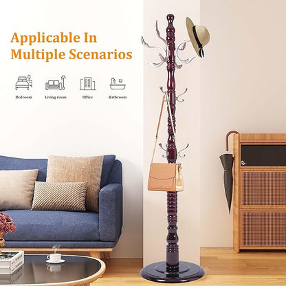Wooden Coat Tree Freestanding with Metal Hooks, Coat Hanger Stand Clothing Tree with Adjustable Height 47’’-72.8’’, Modern Freestanding Coat Rack for Entrance, Office, Living Room, Bedroom, Corridor