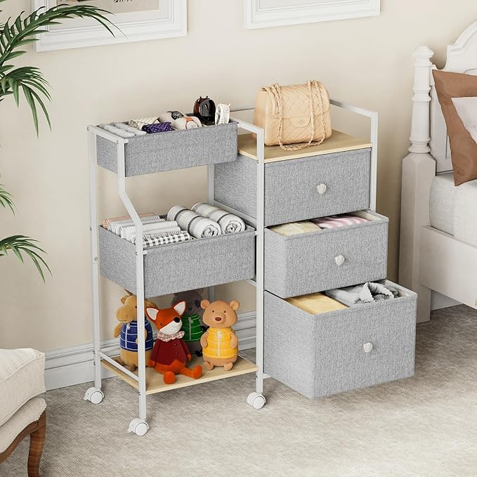Modanais Baby Organizer and Storage - 3 Tier Rolling Cart with Dividers and Drawers, Easy To Assemble, Mobile Utility Cart with Wheels for Nursery, Bedroom, Changing Table & Crib,Light Gray