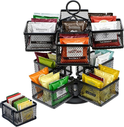 Tea Bag Organizer, Tea Bag Storage Holder Carousel 96 Teabags Container, Lazy Susan Coffee Creamer, Rotating Metal Caddy for Kitchen Counter, Cabinet, Pantry Shelf Organizer