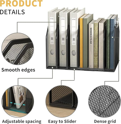 FANXIYQ Black 7-Section File Folder Organizer for Desk, Metal Vertical File Holder Stand, Desktop File Organizer Rack for Letter/A4 Folders, Papers, Books, Office Classroom Home