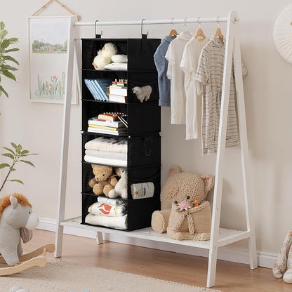 StorageWorks Hanging Closet Organizer 6-Shelf, Jumbo Separable Two 3 Shelf Closet Storage Organizer with Side Pockets, Portable Hanging Shelves for Wardrobe, RVs, 13" D x 15" W x 48 ¼"H, Black