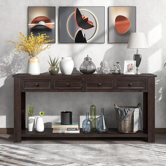 LKTART 63" Solid Wood Console Table Sofa Table with Storage Drawers and Bottom Shelf,Farmhouse Entryway Table for Hallway Foyer,Sofa Couch Table,Easy Assembled (63" Espresso)