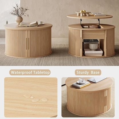 LINSY Lift Top Coffee Table, Round Fluted Coffee Table with Storage, Boho Wooden Coffee Tables with Sliding Tambour Door, 31.5" Center Table for Living Room, Office, Small Space, Natural Oak