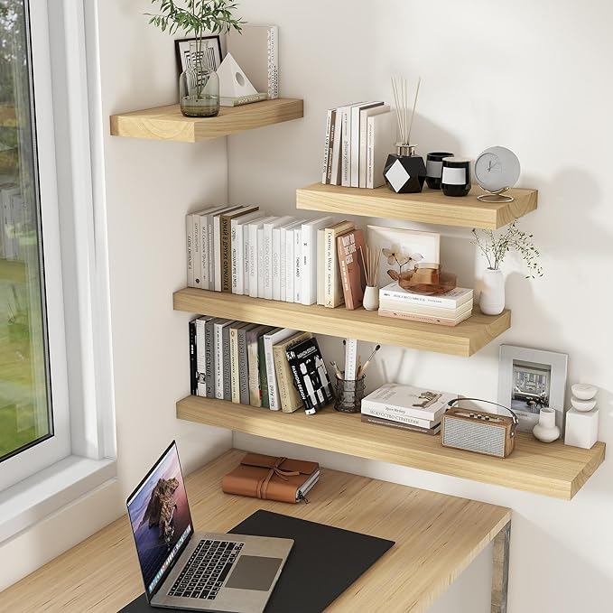 Fun Memories Deep Floating Shelves, Solid Wood Floating Shelves Wall Mounted, 9.3" Deep Wall Shelf for Living Room, Bedroom, 36 x 9 Large Floating Shelf for Books, Burlywood, Set of 2