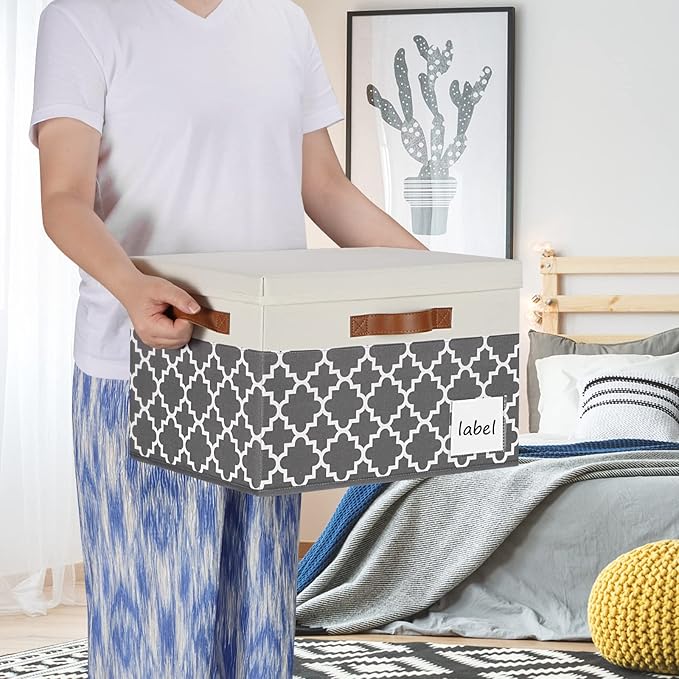 PFFVRP Large Storage Bins with Lids, Foldable Fabric Storage Baskets with Lids, Sturdy Storage Boxes with Labels and 3 PU Handles for Closet Home Bedroom Office (26L, 3 Packs, Grey Plaid&White)