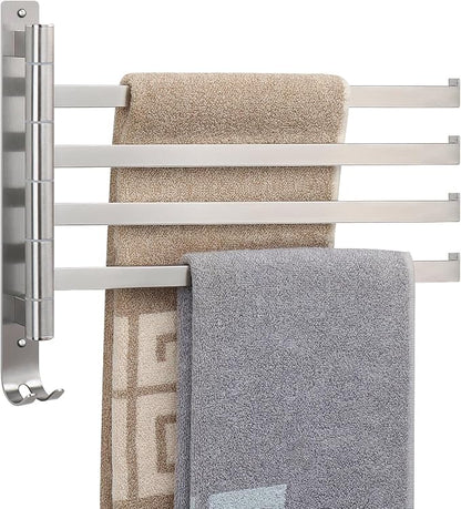 NearMoon Swivel Towel Rack, 13.8" Thicken 304 Stainless Steel 4-Arm Towel Bar, Space Saving Wall Mounted Towel Holder with Hook, Rustproof Swing Out Towel Hanger for Bathroom, Square (Brushed Nickel)
