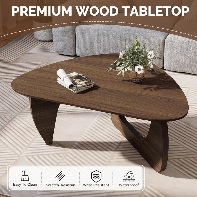 Modern Wood Coffee Table, Triangle Center Table with Premium Wooden Top& Unique Base, 42.5” Small Mid Century Tea Tables for Living Room, Apartment, Office,Walnut