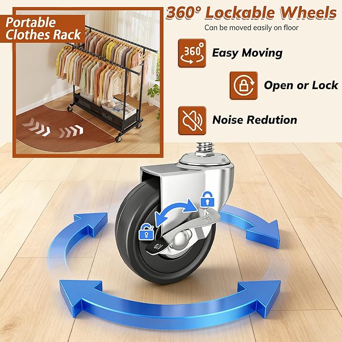 Clothes Rack, Clothing Racks for hanging clothes, Rolling clothes rack with Storage Basket & Heavy Duty Wheels, Double rods clothing rack for Bedroom, Laundry Room, Black