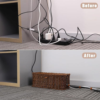 BROWNLILY Rattan Wire Storage Box, Handmade Cord Organizer for Desk Cord Hider Outlet Covers for Power Strip TV PC Router Charger Under Desk Cable Management Box