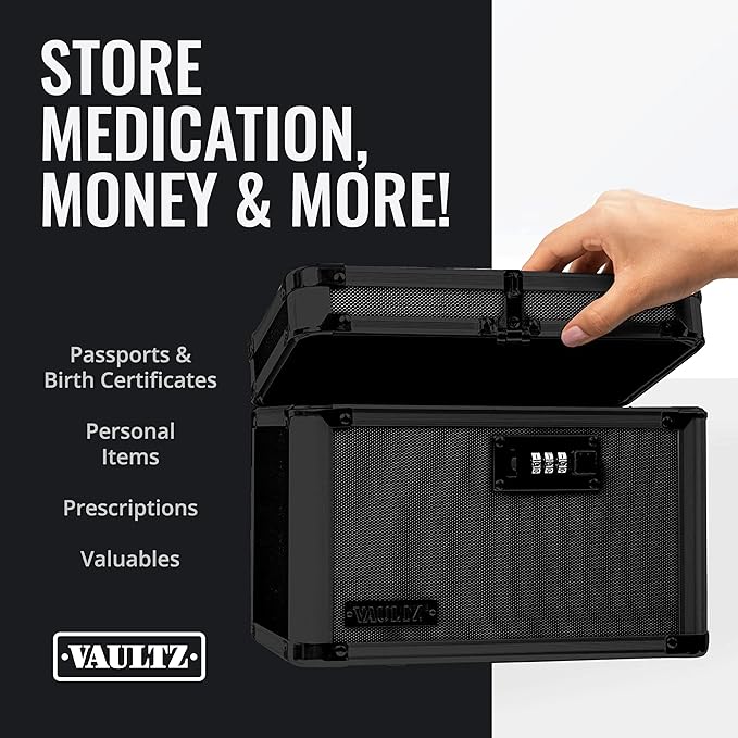 Vaultz Combination Lock Box - Pack of 1-10 x 7.25 x 7.75 Inch Standard Safe with Key and Combo Lock for Important Documents, Medicine & Money - Tactical Black