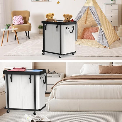 190L (50 Gal) Large Fashion Laundry Basket with Wheels, Leather Patchwork Rolling Hamper Carts, Sturdy Metal Frame, Removable Washable Bag, Tall Clothes Sorter for Bedroom, Laundry Room - Beige