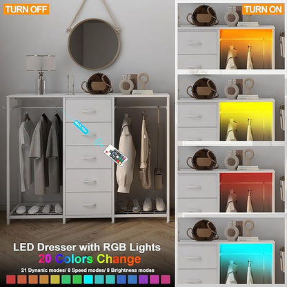 Dresser for Bedroom with Clothes Rack 5 Drawer Dresser with Charging Station LED Lights White Chest of Drawers Flexible Shelf and Open Storage Space for Bedroom Living Room (White)