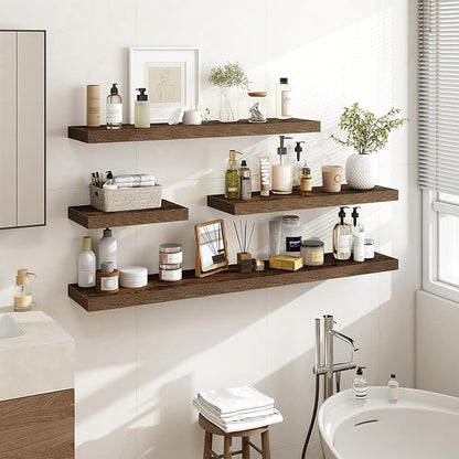 Acovy 16 Inch Floating Shelves, 16"x9.25"x1.5" Inch Deep Floating Shelves for Wall, Wooden Shelves for Bathroom, Bedroom, Living Room, Brown, 2 Pieces