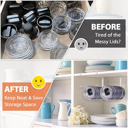 2 Pack Tumbler Lid Organizer, Horizontal Tumbler Lid Storage Hook to Hold Up 20 Lids, Space Saving Cup Lid Holders Under Cabinet Tumbler Lid Hook for Kitchen Organizer, Paper Towel Rack Hanger (White)