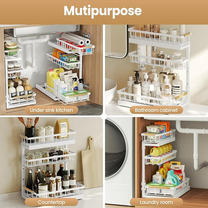 Under Sink Organizer and Storage for Bathroom and Kitchen - 1 Pack 3 Tier Under Cabinet Pull Out Shelf Organizers - Slide Out Drawer Organization for Home Cabinets Shelves and Drawers