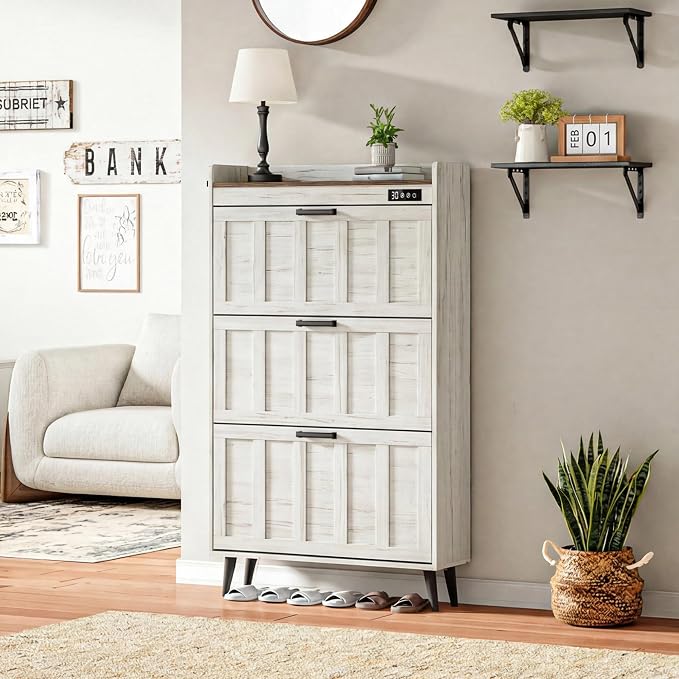 ChooChoo Shoe Storage Cabinet with 3 Flip Drawers, Deodorizing Shoe Organizer Storage for Entryway, Freestanding Hidden Slim Narrow Shoe Rack Cabinet, Antique White & Brown
