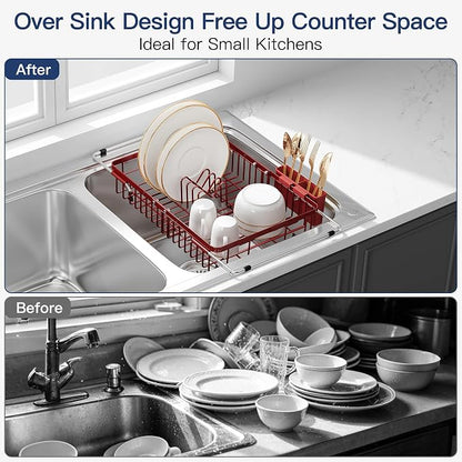 JASIWAY Red Expandable Stainless Steel Dish Drying Rack Over The Sink for Small Kitchen, Counter Space Saving Compact Plate Drainer Strainer, Adjustable Hanging Metal Dish Dryer with Utensil Holder