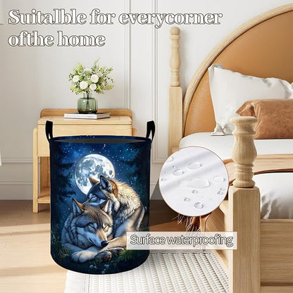 Romantic Wolf Moonlit Night Laundry Basket 19.7"x15.7", Collapsible Dirty Clothes Waterproof Laundry Hamper Organizer Toy Storage Bin for Dorm Nursery Bathroom Decor