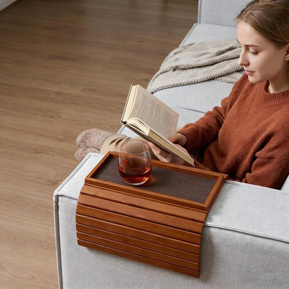 DETOR Couch Arm Tray with Anti-Slip Leather Pad, Sturdy Bamboo Slats, Fits Armrests 5.5" and Wider, Acacia Stained