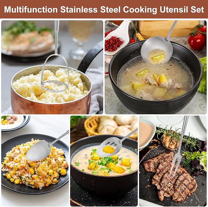18 10 Stainless Steel Cooking Utensils Set, 10pcs Long Metal Kitchen Utensils Set Come with Spoon, Fork, Spatula, Ladle, Skimmer, Turner, Pasta Server(13-14inch)