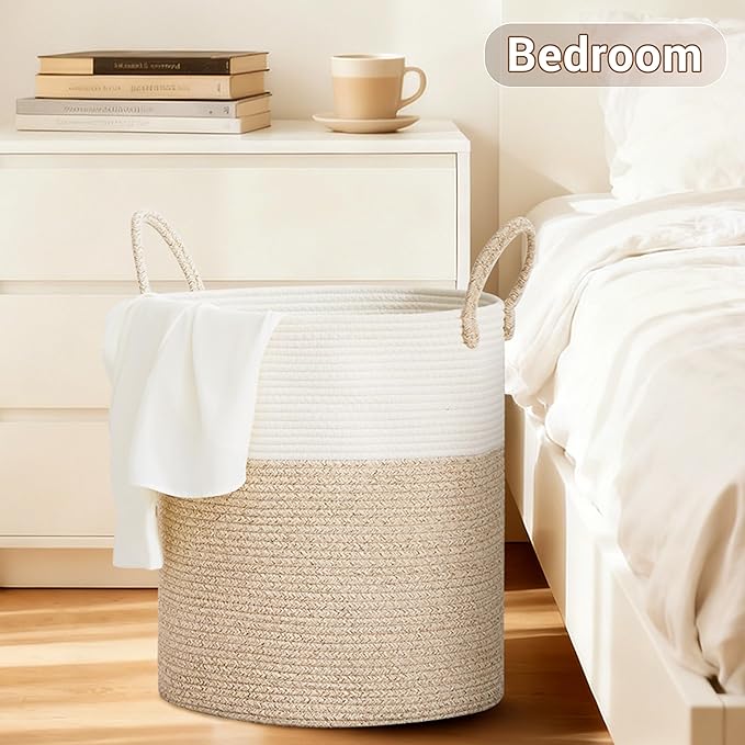 SunNewt Tall Laundry Basket with Handles, 88L Portable Dirty Clothes Hamper, Boho Cotton Rope Storage Bin for Blankets Kids Toys Gifts, Large Organizer for Baby Nursery Bedroom Bathroom, New Brown