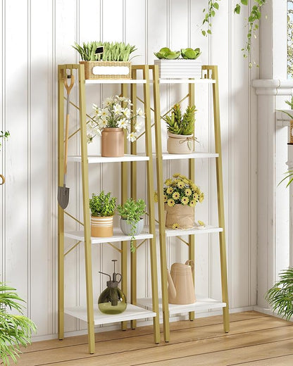 Ladder Shelf, Bookshelf Bookcase, Freestanding Corner Storage Shelve with 2 Hooks for Home Office, Living Room, Kitchen, Bedroom, Industrial, 11.8" D x 13.4" W x 47.2" H, White Gold BC13213G