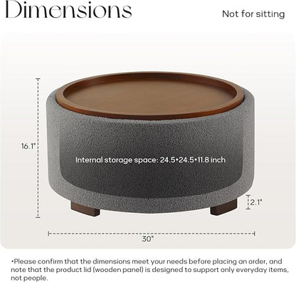 Zihanhome 30 Inch Round Storage Ottoman Coffee Table, Modern Boucle Ottoman with Lift-Off Lid and Solid Wood Legs for Living Room, Bedroom, Corners, Apartments (Light Grey)