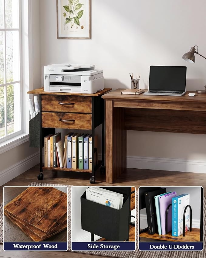 Faesun Printer Stand with Storage, 22'' Printer Cabinet with 2 Fabric Drawers, Rolling File Cabinet for Home Office, Printer Table with File Storage, Side Pocket & Dividers, Rustic Brown