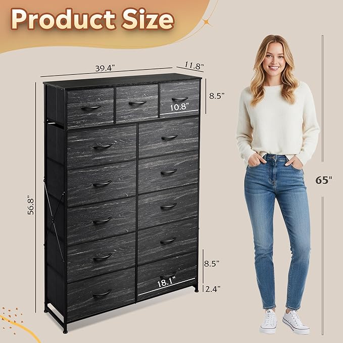 Tall Console Table with 13 Fabric Drawers, Entryway Table with Storage, Tall Storage Organizer with Wood Top, Steel Frame for Living Room, Hallway, Office, Charcoal Black Wood Grain Print