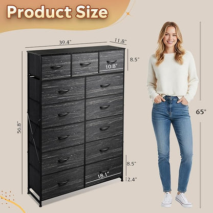 Tall Console Table with 13 Fabric Drawers, Entryway Table with Storage, Tall Storage Organizer with Wood Top, Steel Frame for Living Room, Hallway, Office, Charcoal Black Wood Grain Print