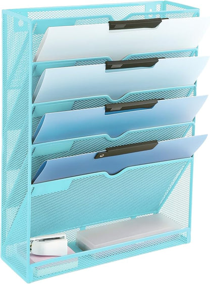 EASEPRES 6 Tier Mesh Hanging Wall File Organizer, Desk Vertical Mail Paper Document Folder Holder Rack with Bottom Tray and Nametag Label for Office Home School, Blue