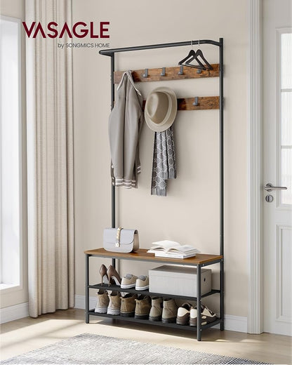 VASAGLE Hall Tree with Bench and Shoe Storage, Entryway Bench with Coat Rack Stand and Shoe Rack, 9 Movable Hooks, Top Bar, Fabric Shelves, Industrial, Rustic Brown and Black UHSR421B01
