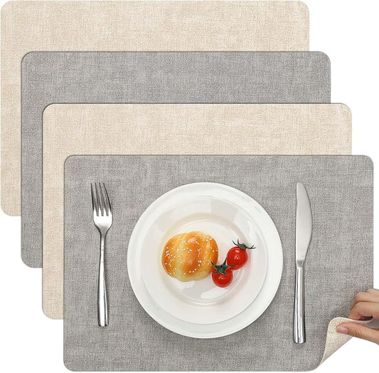 Myir JUN Reversible Vinyl Placemats Set of 4, Faux Leather Place Mats Dual Sided Waterproof Wipeable, Heat-Resistant Table Mats for Kitchen Dining Indoor Outdoor (12" x 17", Light Gray Cream-White)