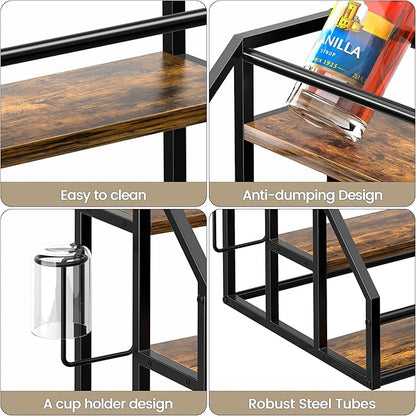 Coffee Syrup Rack Organizer, Spice Racks, Syrup Bottle Holder Stand for Coffee Bar, 3-Tier 12 Bottles Storage Shelves for Syrup, Wine, Dressing for Kitchen Countertop, Rustic Brown & Black