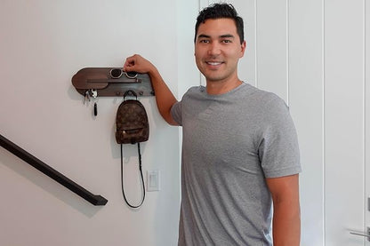 Solid Wood Mail and Key Holder for Wall Decorative Display - Includes Mail Holder, Shelf with Hooks for Keys & Pegs for Hanging Hats, Coats, Bags, Backpacks & More - Sleek Modern Design, Walnut Brown
