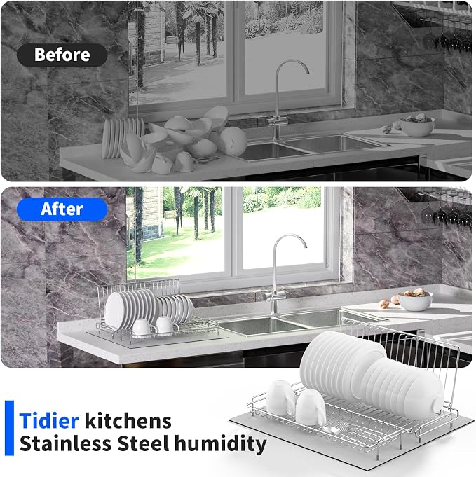 Dish Drying Rack Stainless Steel Collapsible Foldable Small Dish Rack Countertop Portable Drainer with Drying Mat for Kitchen Dorm RV Campers Travel Trailer Space Saving
