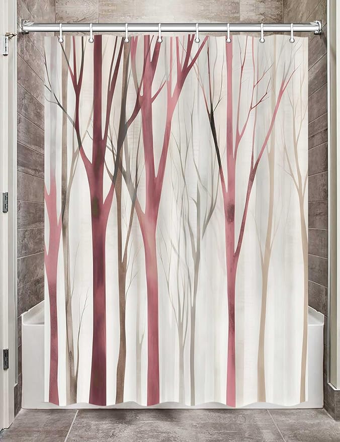 MERCHR Brown Red Tree Fabric Shower Curtain, Art Style Abstract Birch Forest Rustic Wood Polyester Fabric Waterproof Bath Curtain, Farmhouse Bathroom Shower Curtains with Hooks 72X75 Inch