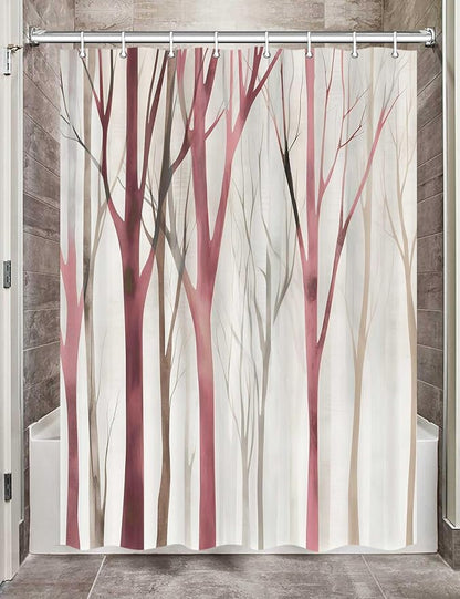 MERCHR Brown Red Tree Fabric Shower Curtain, Art Style Abstract Birch Forest Rustic Wood Polyester Fabric Waterproof Bath Curtain, Farmhouse Bathroom Shower Curtains with Hooks 60X72 Inch
